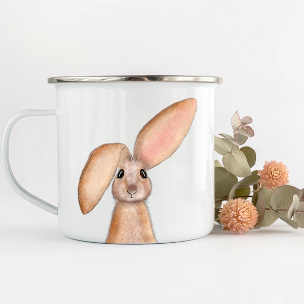 Rabbit personalised enamel mug, camping mug, easter gift mug, long eared bunny, easter rabbit mug