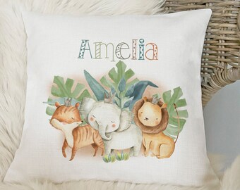 Watercolor Safari Animal Cushion: Personalized Nursery Decor