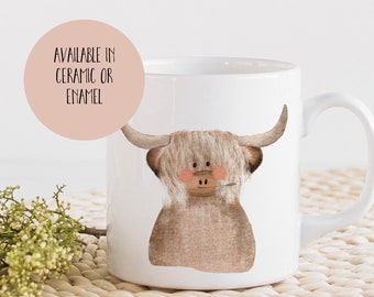 highland cow, illustrated highland cattle coffee mug, drinking mug, Scottish cow, farmer's mug, farmyard animal mug