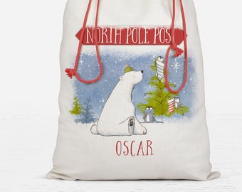 Personalised EXTRA LARGE Santa Sack, Christmas luxury linen/poly gift sack, North Pole, polar bear, penguins, xmas snow scene