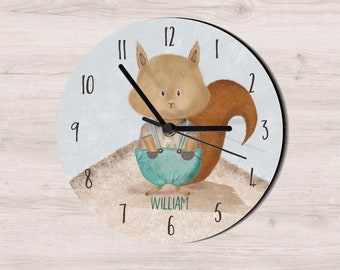 Squirrel woodland clock, whimsical personalised clock, nursery gift, baby gift, christening gift, gift for baby, forest themed clock