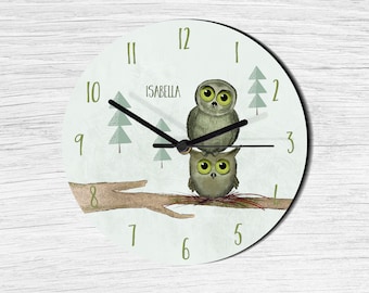 OWL nursery clock, nursery clock, woodland theme, bedroom clock, forest tree, kids clock