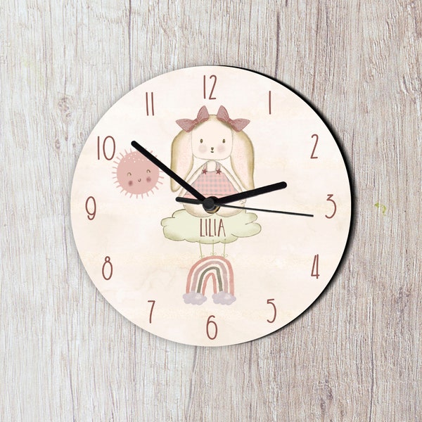 Pink and grey scandi clock, rainbow girl's clock, personalized new baby gift, clock for playroom or nursery, bunny rabbit, sky