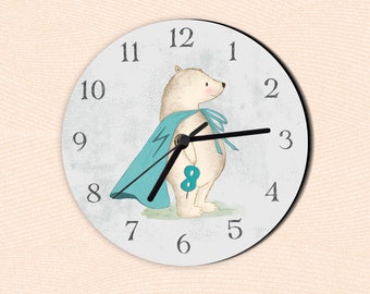 Polar bear clock, superhero bear, kids winter room decor, sweep/silent movement, bedroom clock, nursery, first clock