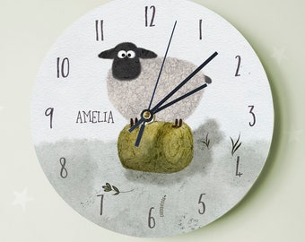 farmyard wall clock, sheep, farmer, ewe, children's gift, nursery farm themed wall clock for children, my first clock