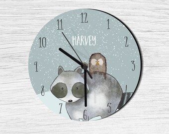 racoon, owl nursery clock, nursery clock, born to be wild, , forest theme, kids clock, moon and stars, sweep/silent movement