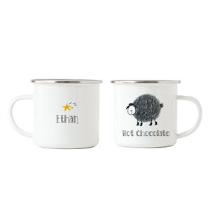 hot chocolate festive mug,  wooly sheep mug, enamel mug, christmas mug, personalised enamel mug, camping mug, festival mug