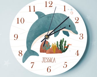 Personalised Dolphin Nursery Clock: Ocean Seascape Wooden Clock