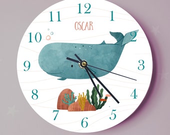 Whale Seascape Child's Clock, sea-world, nursery clock, wooden nursery clock, fish, sea, blue whale