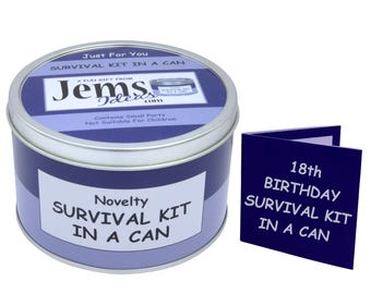 Kit de supervivencia para el 18 cumpleaños en lata – Regalo divertido para hijo/a adolescente, amigo/a, él/ella – Incluye tarjeta de feliz cumpleaños. OTROS COLORES DISPONIBLES.