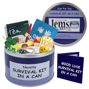 Good Luck-survivalkit in blik. Leuk cadeau en kaartje voor een nieuwe baan, een goede reis, vertrekken, emigreren, verhuizen, reizen, examens, enz.