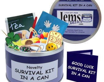 Good Luck Survival Kit In A Can. Fun Gift & Card For A New Job, Bon Voyage, Leaving, Emigrating, Moving Away, Travelling, Exams etc