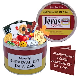 Kit de supervivencia de aniversario en lata. Regalo divertido y tarjeta para pareja, padres, abuelos y amigos. Disponible en otros colores.