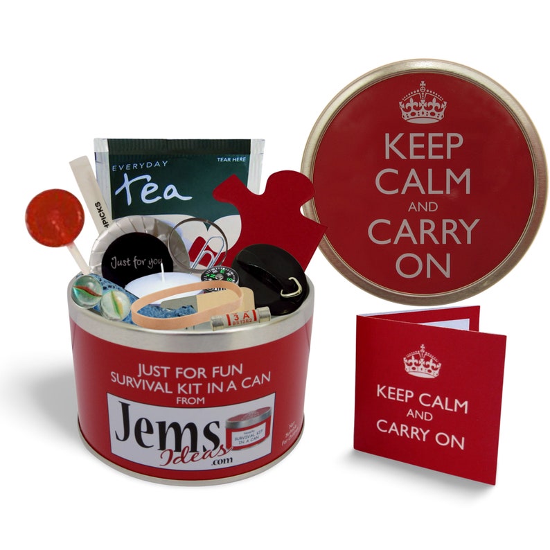 Keep Calm & Carry On Survival Kit In A Can. Fun Gift With Card For Work, Office, Boss, Friend, Dad, Him, Men, Teacher, Mate, Friend image 1