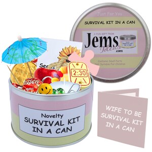 Overlevingspakket Vrouw To Be in blik. Leuke bruid trouwdag/huwelijkscadeau en kaart voor haar. ANDERE KLEUREN BESCHIKBAAR.