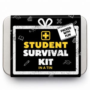 May include: A rectangular metal tin featuring a black paper sleeve with white school-themed icons. The text reads STUDENT SURVIVAL KIT IN A TIN with a yellow plus sign and a notepad graphic labeled PACKED WITH FUN in white and yellow lettering.