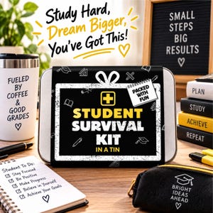 May include: A rectangular metal tin labeled Student Survival Kit in a Tin with a black and white design featuring school icons. The text reads Packed with Fun, and the tin is surrounded by a white tumbler, a notebook, and a black pencil case.