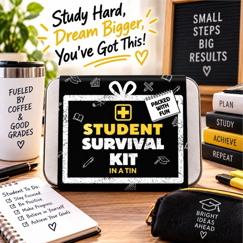 May include: A rectangular metal tin labeled Student Survival Kit in a Tin with a black and white design featuring school icons. The text reads Packed with Fun, and the tin is surrounded by a white tumbler, a notebook, and a black pencil case.