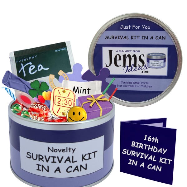 16th Birthday Survival Kit In A Can. Fun Happy Birthday Gift & Card. Teenage/Teenager/Son/Daughter/Friend. OTHER COLOURS AVAILABLE.