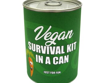 Kit de supervivencia vegano en lata. Idea divertida y amigable para regalar en una caja para él, ella, hombres, mujeres o amigos. Regalo divertido para el día de San Valentín, apto para veganos.