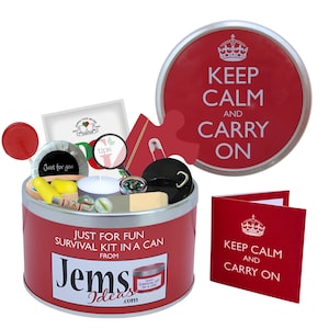 Kit de sobrevivência Keep Calm & Carry On em lata. Presente e cartão divertidos para casa nova/inauguração. Acampamento em festivais, viagens/viagens.