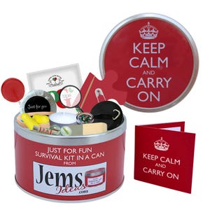 Kit di sopravvivenza "Keep Calm & Carry On" in lattina. Regalo divertente con biglietto per compleanno, Natale, pensione, buona fortuna, nuovo lavoro, abbandono, nascita di un bambino.