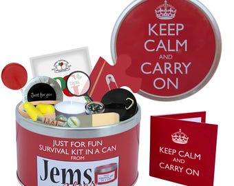 Keep Calm & Carry On Survival Kit In A Can. Fun Gift With Card For A Birthday, Christmas, Retirement, Good Luck, New Job, Leaving, New Baby