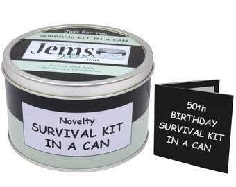 Survivalkit 50e verjaardag in blikje – grappig cadeau voor hem of haar – nieuwigheidsaandenken – grapcadeau – mijlpaal verjaardagsidee – cadeauset