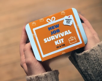Lata con kit de supervivencia para un nuevo trabajo: regalo de buena suerte para amigos y compañeros, oficina, ascenso, felicitaciones, regalo divertido de despedida para hombres o mujeres.