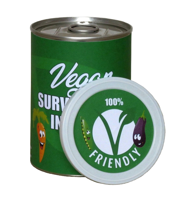 Vegan Survival Kit In A Can. Funny Vegan Friendly Thank You Gift/Card/Present Idea. Fun For Him/Her/Men/Women/Friend/Veganuary/Thanksgiving image 2
