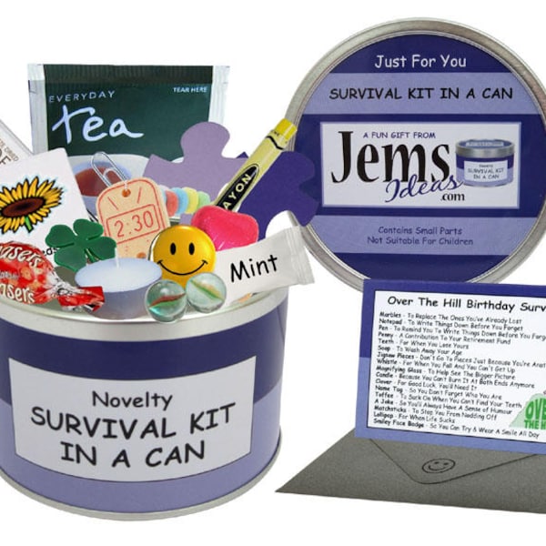 Over The Hill Survival Kit In A Can. Fun Getting Old Joke Gag Gift & Card. Suitable For Happy Birthday. OTHER COLOURS AVAILABLE.