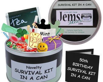 Kit de supervivencia para 50 cumpleaños en lata. Divertido regalo de cumpleaños y tarjeta. Disponible en otros colores.