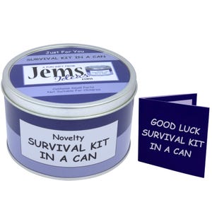 Good Luck Survival Kit in a Can – Leuk cadeau voor nieuwe baan, reizen, examens, verhuizen, goede reis, emigreren, vertrekken