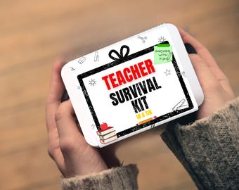 May include: A rectangular white metal tin featuring a black border and the text "TEACHER SURVIVAL KIT IN A TIN" in red and black. The design includes small illustrations of books, an apple, a pencil, and a green sticky note reading "PACKED WITH FUN".