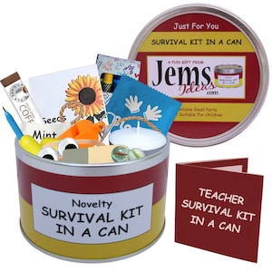 Kit de supervivencia para profesores en lata. Regalo divertido con tarjeta para agradecimientos, fin de curso, trimestre, Navidad, cumpleaños o para el puesto de profesor. Disponible en otros colores.