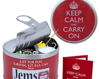 Keep Calm & Carry On-survivalkit in blik. Leuk cadeau met kaart voor een verjaardag, kerst, pensioen, geluk, nieuwe baan, vertrek, nieuwe baby