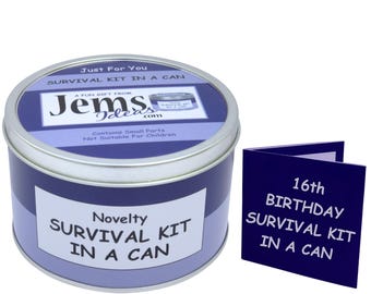 16th Birthday Survival Kit In A Can. Fun Gift for a Teen Teenager Son Daughter Friend Happy Birthday Card Included OTHER COLOURS AVAILABLE