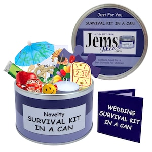 Kit di sopravvivenza per sposi in lattina. Divertente regalo per il giorno delle nozze, completo di biglietto. ALTRI COLORI DISPONIBILI.