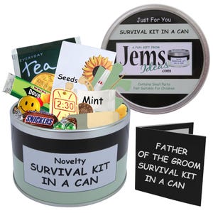 Survivalkit voor vader van de bruidegom in blikje - leuk bedankje voor trouwdag - vaderbedankje van bruidegom - vadercadeau met kaart