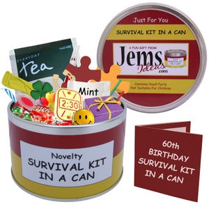 Kit de survie en boîte pour 60 ans. Cadeau et carte de joyeux anniversaire amusants. AUTRES COULEURS DISPONIBLES.