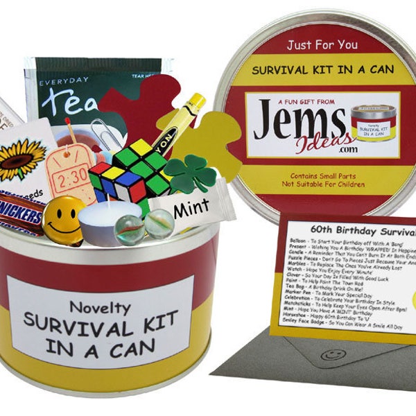 60th Birthday Survival Kit In A Can. Fun Happy Birthday Gift & Card. OTHER COLOURS AVAILABLE.