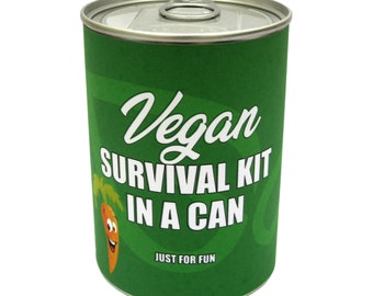 Kit de supervivencia vegano en lata. Ideas divertidas para cajas de regalo aptas para veganos. Regalo divertido para él, ella, hombres, mujeres o amigos. Feliz aniversario. Regalo apto para veganos.