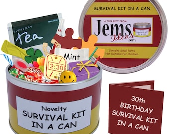 Kit de supervivencia para el 30 cumpleaños en lata. Regalo divertido para él, ella, hombres, mujeres, hijos, hijas y amigos. Incluye tarjeta de feliz cumpleaños. OTROS COLORES DISPONIBLES.
