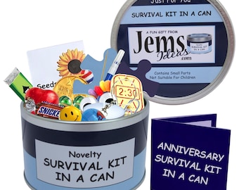 Kit de supervivencia de aniversario en lata: regalo y tarjeta divertidos para esposo, novio o pareja. Romántico, recuerdo, regalo de broma o muestra de amor.