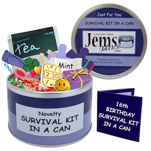 Kit de sobrevivência de 16º aniversário em lata. Presente e cartão divertidos de feliz aniversário. Adolescente/adolescente/filho/filha/amigo. OUTRAS CORES DISPONÍVEIS.