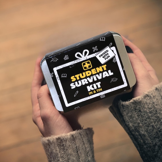 Student Survival Kit in a Tin – University & College Novelty Gift | Fun Practical Uni Starter Kit Good Luck Novelty keepsake Pack Him or Her