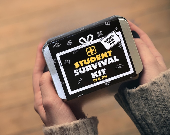Student Survival Kit in a Tin – University & College Novelty Gift | Fun Practical Uni Starter Kit Good Luck Novelty keepsake Pack Him or Her