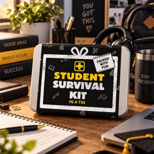 May include: A rectangular metal tin featuring a black label with white and yellow text that reads Student Survival Kit In A Tin, a yellow plus sign icon, and a small white note with the text Packed With Fun, surrounded by school-themed icons.