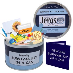 New Dad-survivalkit in blik. Leuk cadeau en kaartje voor aanstaande papa/nieuwe ouder/vader/babyshower. ANDERE KLEUREN BESCHIKBAAR.