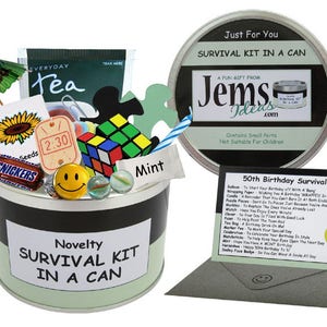 50th Birthday Survival Kit In A Can. Fun Happy Birthday Gift & Card. OTHER COLOURS AVAILABLE image 1